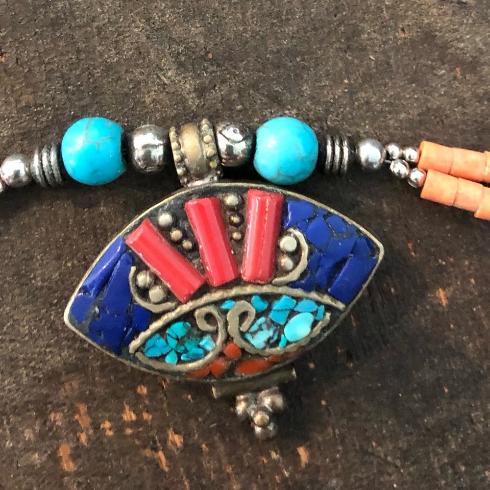 Artisan Turquoise and Coral Pendant Necklace